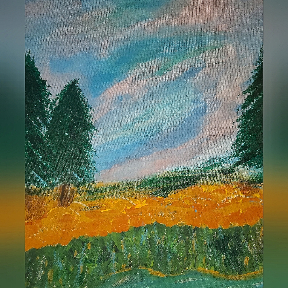 Landscape Canvas Art with Green and Orange Hues